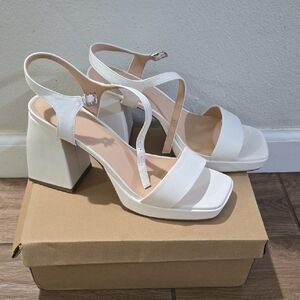 White Block Heel Platform Sandals with Ankle Strap